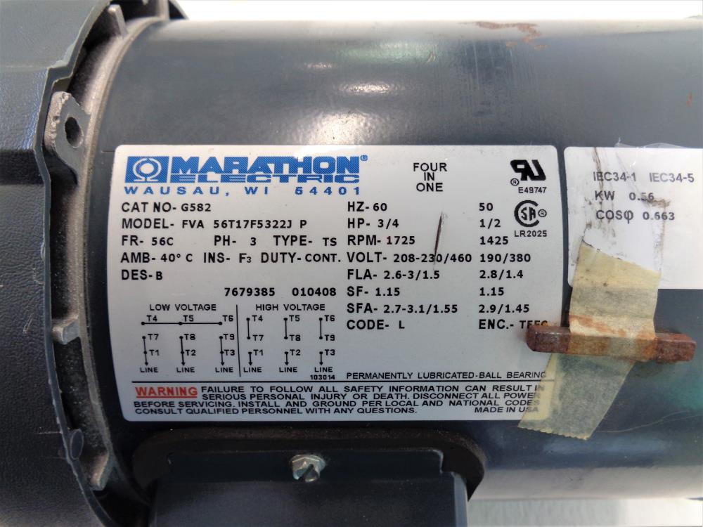 Marathon 3/4 HP Electric Motor, Cat #G582, Model #FVA 56T17F5322J P